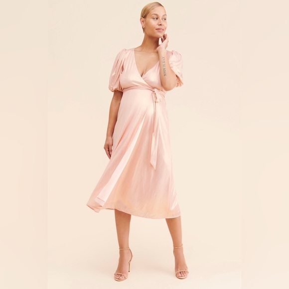 Yumi Kim Maternity Francine Soft Metallic Pink Wrap Midi Dress NWOT Small S - Picture 2 of 9
